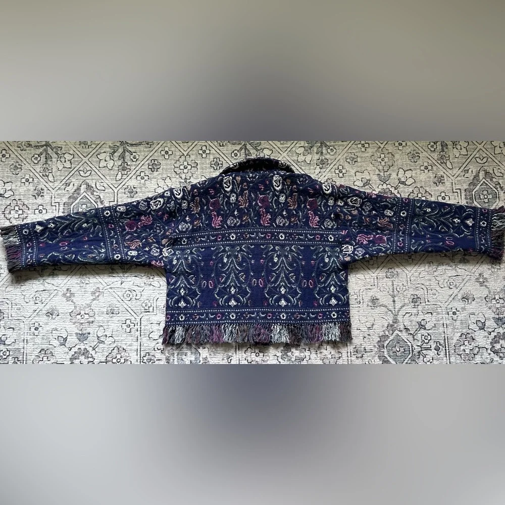 Handmade Upcycled Floral Blanket Jacket with Fringe - Picture 6 of 6